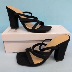 Suede Strappy Multi Strap Square Open Toe Women's Block Heels Size 36 Black